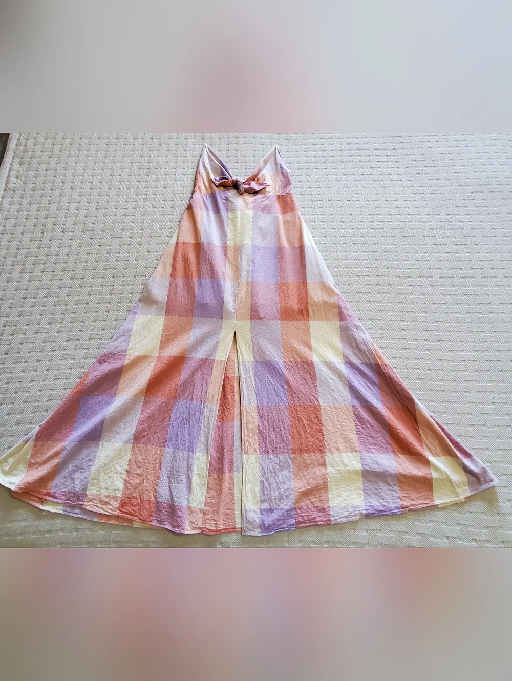 Dress Forum LA Ally Plaid Maxi Dress Lavender Coral Tie-back Front Slit Lined - Picture 6 of 16